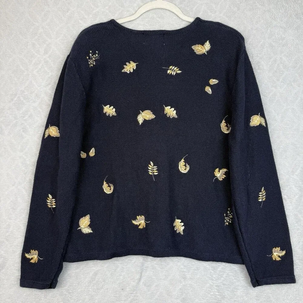 Vtg Fall Leaves Cardigan Sweater Large Knit Embroidered Autumn Cottage Grandma